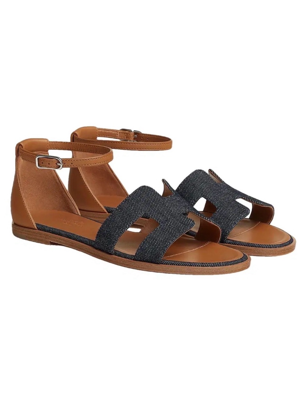 Hermes Tan and Navy Cutout Leather & Denim Ankle-Strap Sandals